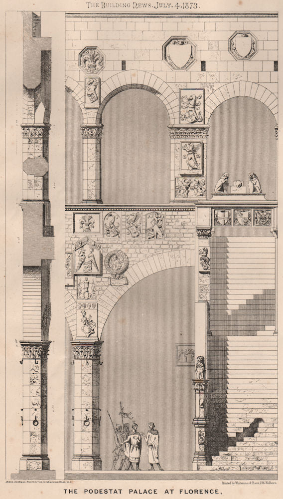 The Podestat Palace at Florence (3) 1873 old antique vintage print picture